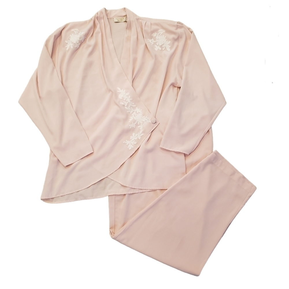 VINTAGE Victoria's Secret Gold Label Pink Kimono Wrap Top Lounge PJ Set Large